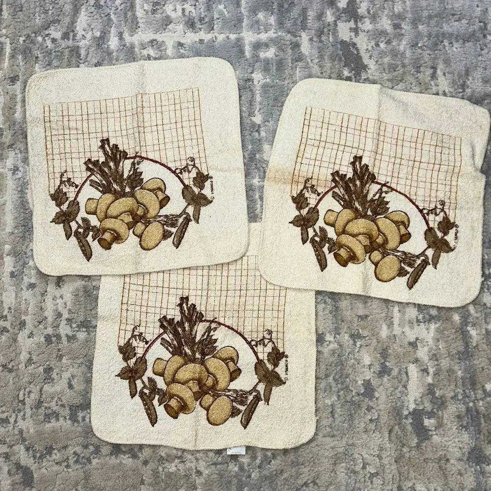 Vintage Retro 70s Mushroom 2 Dish Towels 3 Dishcloths Matching Set of 5